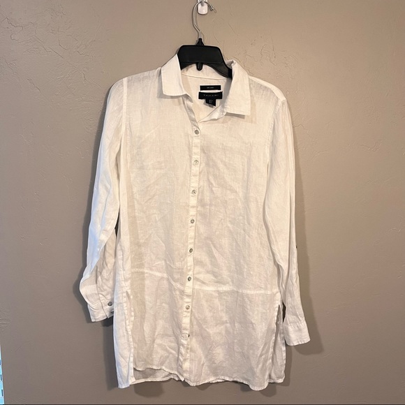 Tahari White Linen Tunic Button Down Blouse Top Classic Closet Staple Capsule - Picture 4 of 12